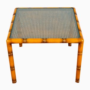 Bamboo Wooden Auxiliary Table in Cannage and Square Glass, 1970s