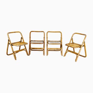 4 Folding Bamboo, Rattan and Brass Chairs, Italy, 1970s, Set of 4