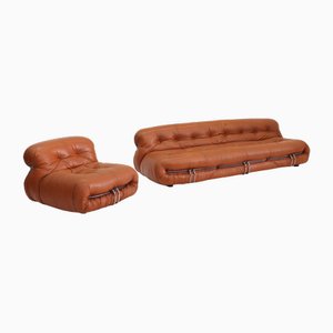 Soriana Lounge Set in Cognac Leather by Afra & Tobia Scarpa for Cassina, 1970s, Set of 2