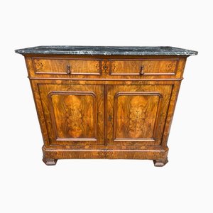 Credenza Louis Philippe impiallacciata in noce con ripiano in marmo, anni '30