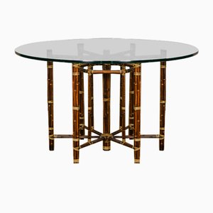 Round Glass Table with Leather Binding Base from McGuire, San Francisco, USA, 1970s