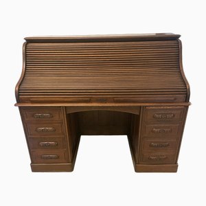 Large Antique Edwardian Freestanding Oak Roll Top Desk, 1900