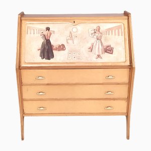 Vintage Birch Secretary with Three Drawers and Brass Details, Italy