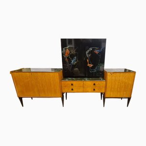 Vintage Sideboard with Lacquered Doors and Parrot Decorations, 1950s