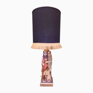 Pilgrim Wood Sculpture Lamp with Black Cylindrical Lampshade in Linen from Houlès