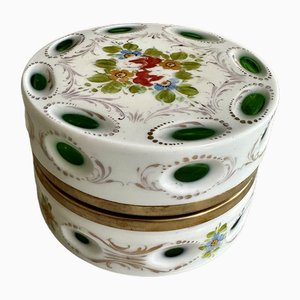 Green Glass and White Opaline Glass Lidded Box with Floral Painting, 1890s