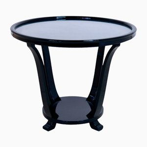French Art Deco Black Piano Lacquer Side Table with Removable Glass Tray, 1930s