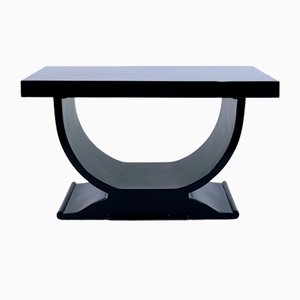 French Art Deco Side Table in Black Piano Lacquer with U-Shaped Base, 1930s