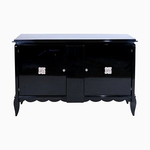 French Art Deco Sideboard in Black Piano Lacquer with Chromed Emblems, 1930s