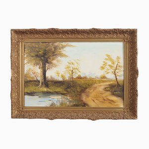 Scandinavian Artist, The Road by the Pond, 1970s, Oil on Canvas, Framed