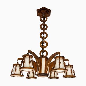 French Beech Chandelier with Wooden Chain, 1940s