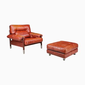 Set of Mid-Century Leather Lounge Chair and Ottoman by Carlo de Carli, Italy, 1970s