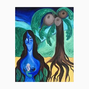 Amor De Agua, Die Frau und das Kind auf den Wurzeln des Baumes, 2020, Öl