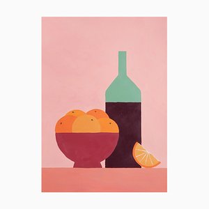Gio Bellagio, Natura morta di arance e vino in stile toscano, 2023, Acrilico su carta