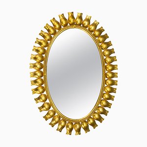 Specchio da parete ovale Mid-Century in metallo dorato, anni '50