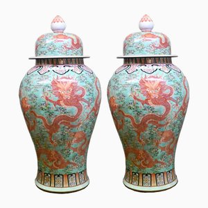 Chinese Famille Noire Dragon Temple Jars in Porcelain, Set of 2