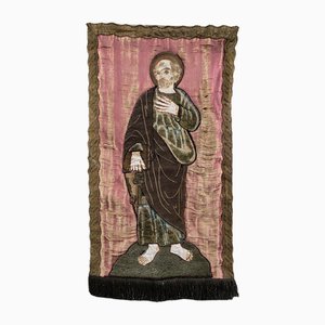 18th Century Tapestry on Silk with Embroidered Saint