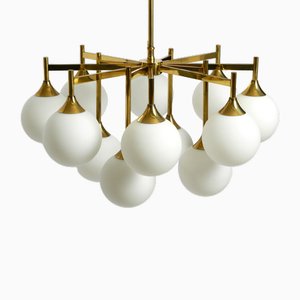 Large Space Age Brass Ceiling Lamp with 12 White Glass Balls from Kaiser, 1960s