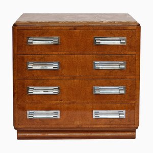 Art Deco Commode Chest of Drawers in Amboyna with Marble Top and Glass Handles, 1930s