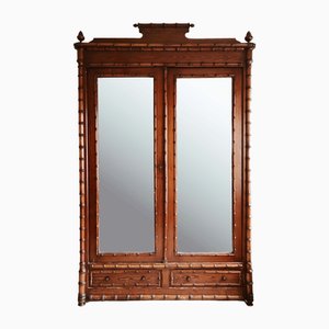 Antique Faux-Bamboo Pinewood Wardrobe with Mirrored Doors