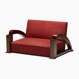 French Art Deco Sofa in Red Striped Velvet with Swoosh Armrests, 1940s