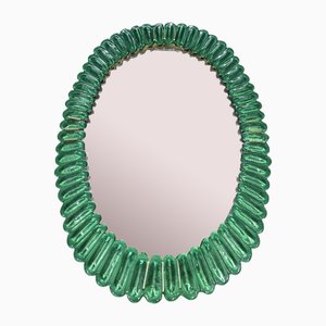 Mid-Century Style Italian Oval Mirror in Murano Glass and Brass, 2000