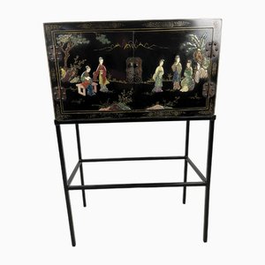 Chinese Trunk in Lacquered Black Wood and Hard Stones with Metal Structure, 1960s
