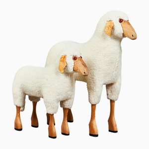 Oveja de lana blanca hecha a mano de Hanns-Peter Krafft, Alemania, años 70. Juego de 2