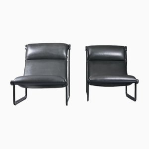 Set of Large Model 2001 Lounge Chairs in Black Leather by Bruce Hannah and Andrew Ivar Morrison for Knoll International, 1970s