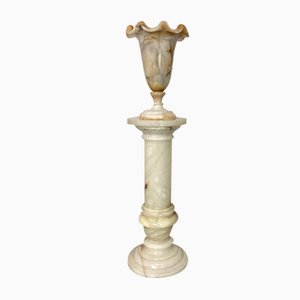 Vintage Spanish Alabaster Pedestal Column with Original Vase, 1970s, Set of 2