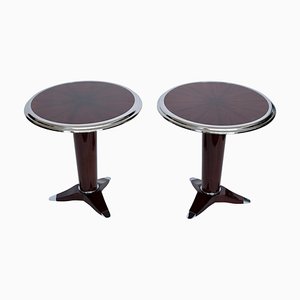 Art Deco Style Round Side Table in Lacquered Mahogany and Chrome, 1990s
