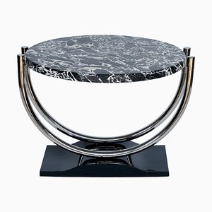 Art Deco Steel Tube Side Table with Round Marble Top and Black Lacquer Base, 1930s