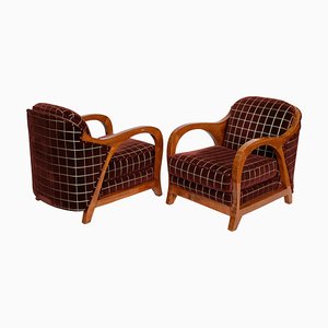 French Art Deco Club Chairs in Nutwood with Checkered Upholstery, 1930s, Set of 2