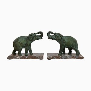 Art Deco Elephant Bookends with Raised Trunks, 1920s, Set of 2
