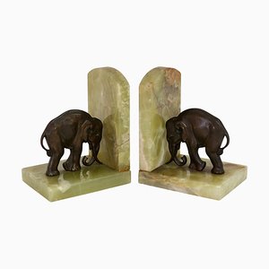 Art Deco Elephant Bookends in Bronze on Green Stone, 1920s, Set of 2