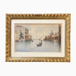 Andrea Biondetti, Gondoles sur le grand canal à Venise, Acquarello su carta, Con cornice