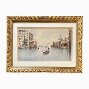 Andrea Biondetti, Gondoles sur le grand canal à Venise, Aquarell auf Papier, gerahmt