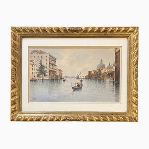 Andrea Biondetti, Gondoles sur le grand canal à Venise, Watercolor on Paper, Framed