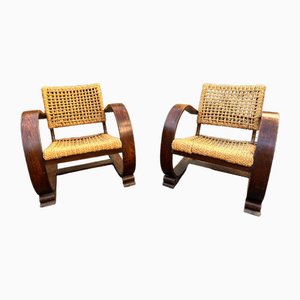 Beech and Rope Armchairs by Audoux Minet, 1950s, Set of 2