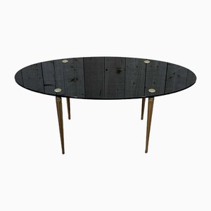 Oval Coffee Table with Brass & Steel Base and Smoked Glass Tray, 1960s