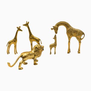 Figuras de jirafa y león Mid-Century modernas de latón, años 60. Juego de 5