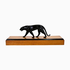 Art Deco Black Panther Sculpture on a Wooden Base, France, 1930s