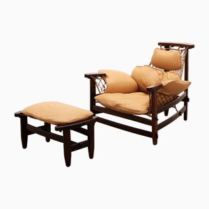 Jangada Lounge Chair and Ottoman in Wood and Leather by Jean Gillon, Brazil, 1960s, Set of 2