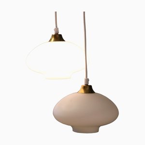 Lampada da soffitto in vetro opalino e ottone, anni '60