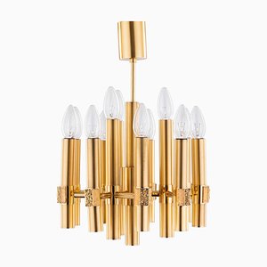 Brutalist Chandelier in Brass with 12 Arms by Angelo Brotto for Esperia, Italy, 1960s