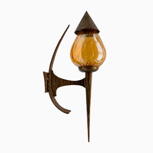 Large French Hand-Forged Iron and Glass Wall Lamp, 1960s