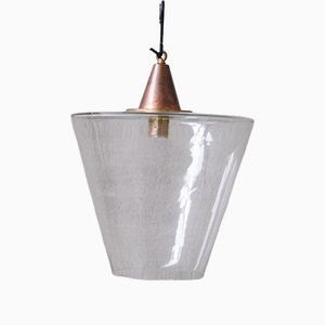 Lámpara colgante cónica Mid-Century de vidrio claro y cobre