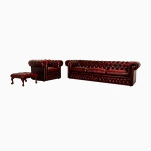 Buckingham 3-Seater Sofa, Armchair and Pouf in Red Brown Leather from Chesterfield, Set of 3