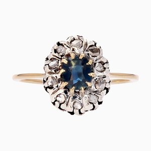 20th Century 18 Karat Yellow Gold Cluster Ring with Sapphire & Diamonds, 1890s