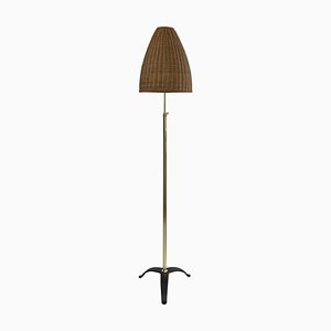 Adjustable Beehive Floor Lamp in Wicker and Brass in the style of J.T. Kalmar, Austria 1950s
